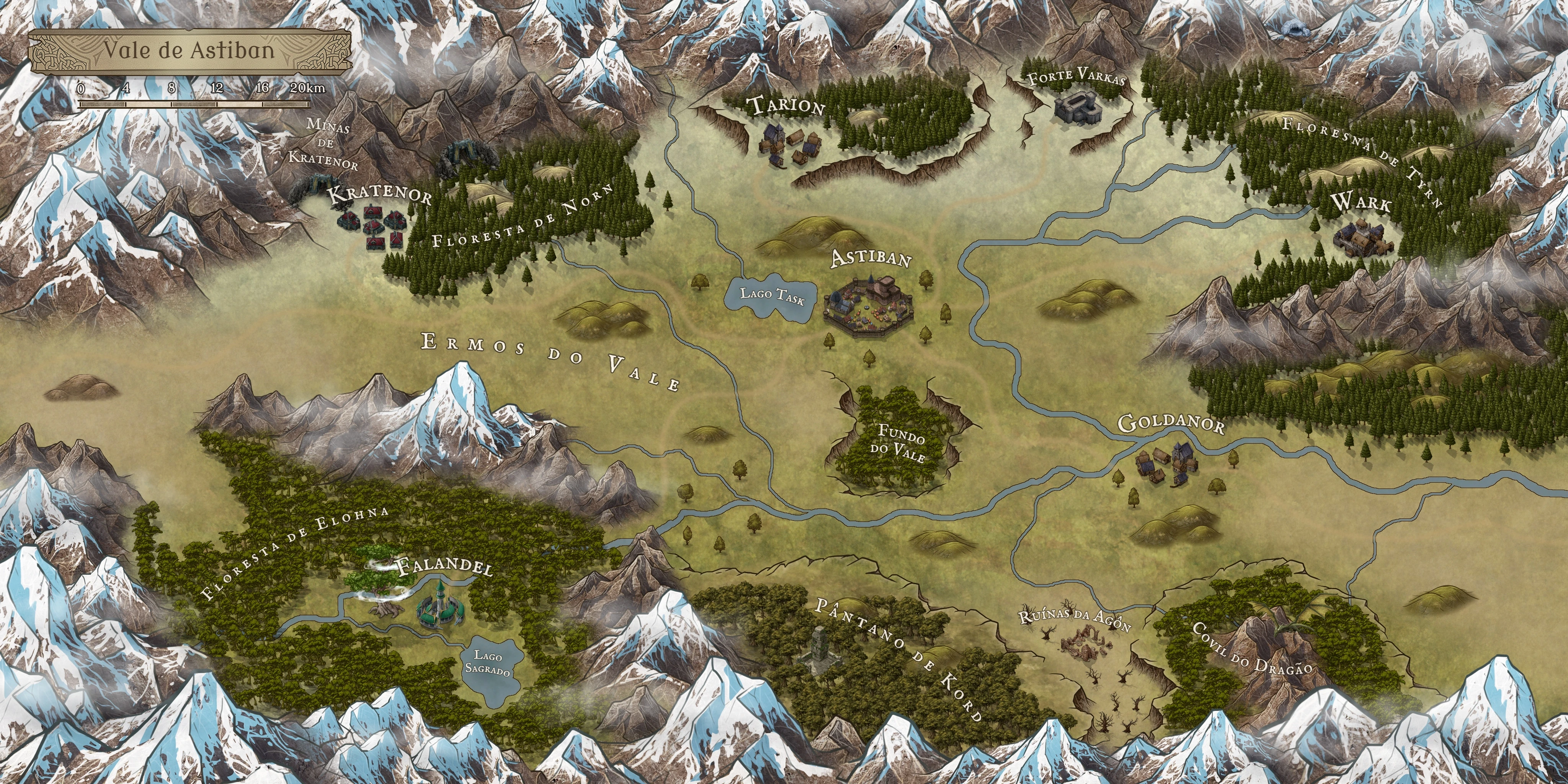 Mapa do Vale de Astiban, com Astiban, Wark, Kratenor, Falandel, Tarion e Goldanor